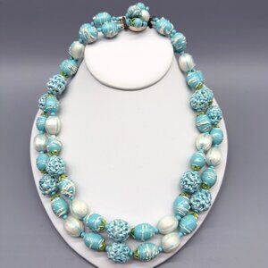 Vintage Pastel Robins Egg Blue Necklace Beaded Two Strand Satin Lucite Japan 50s